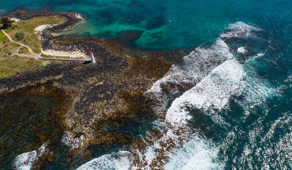 Birds eye view above the Port Fairy foreshore.