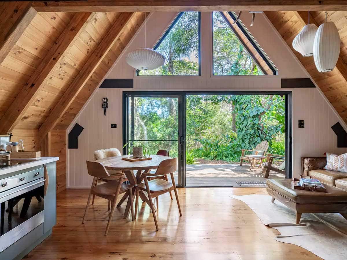 a look inside an A-frame log cabin at Eh Frame, Noosa National Park