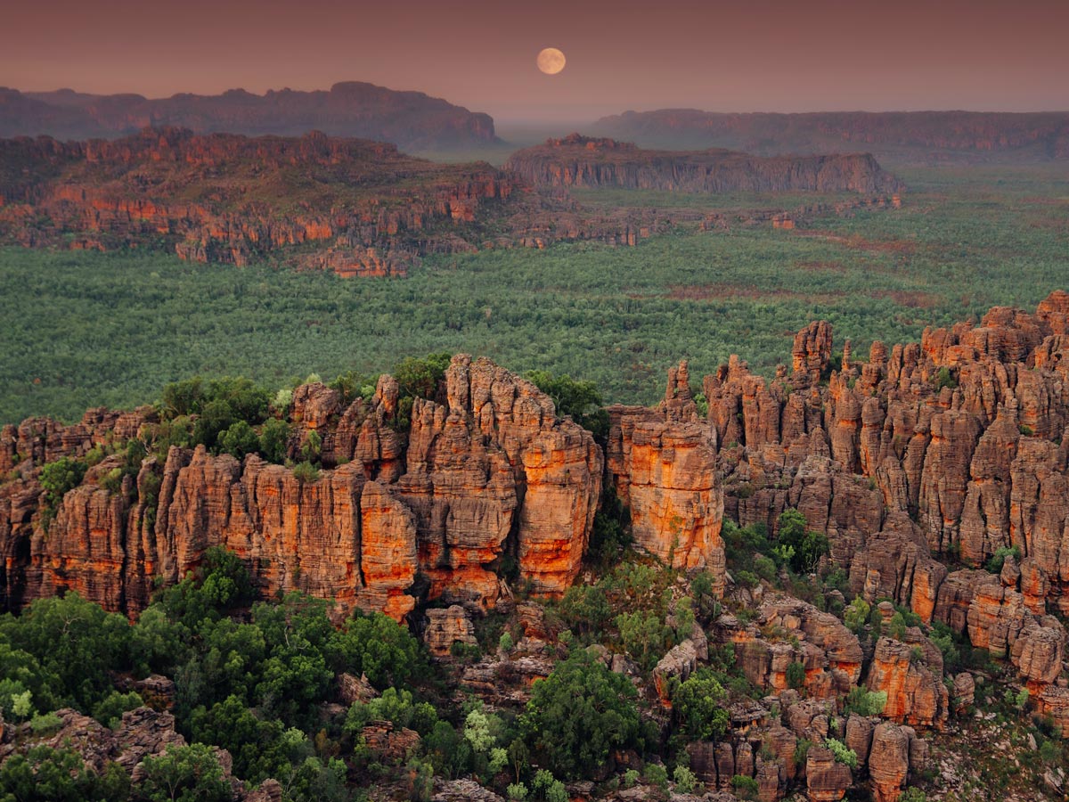 an aerial view of ancient and rugged layers of sandstone in Kakadu