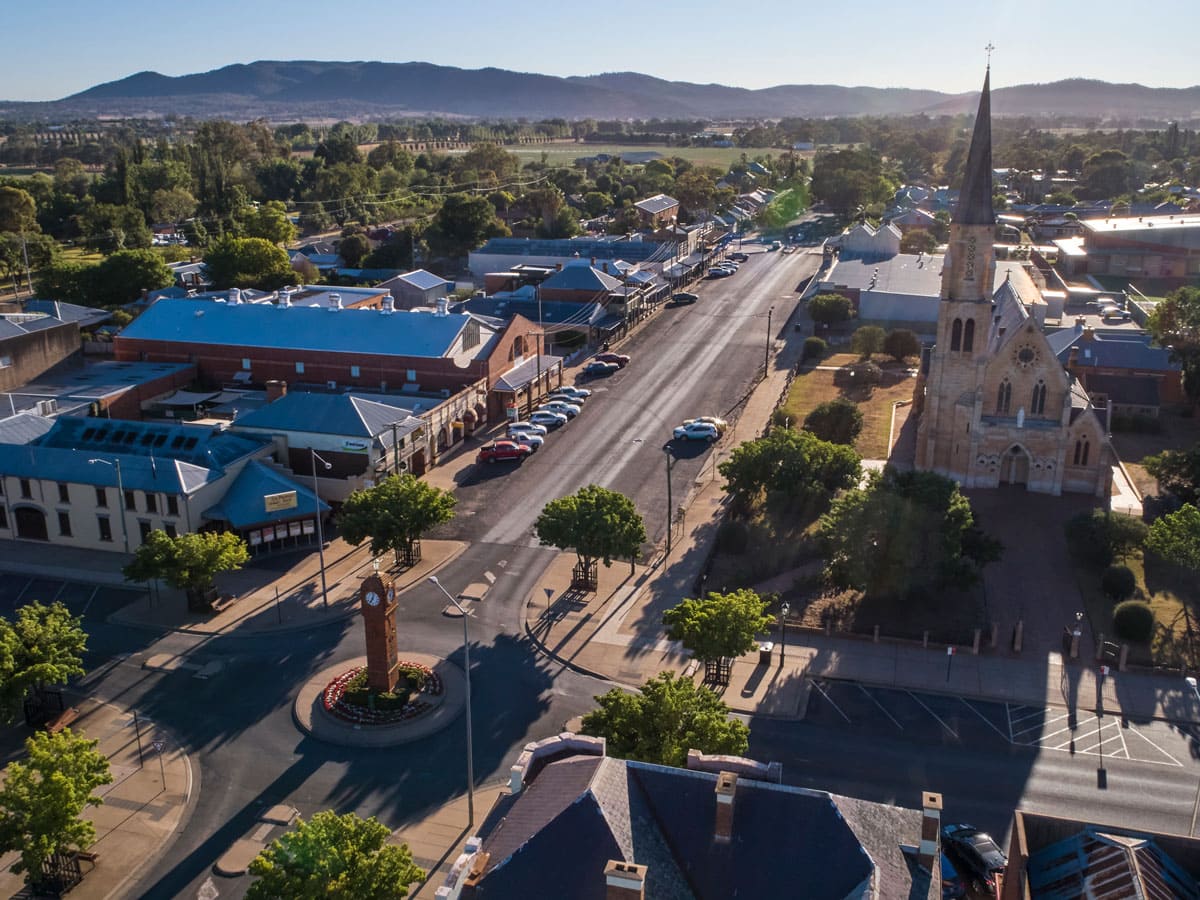 an aerial view of Mudgee streetscape