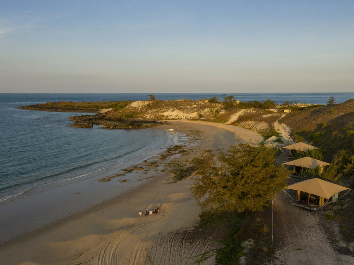 Drone shot of Banubanu Beach Retreat in Arnhem Land