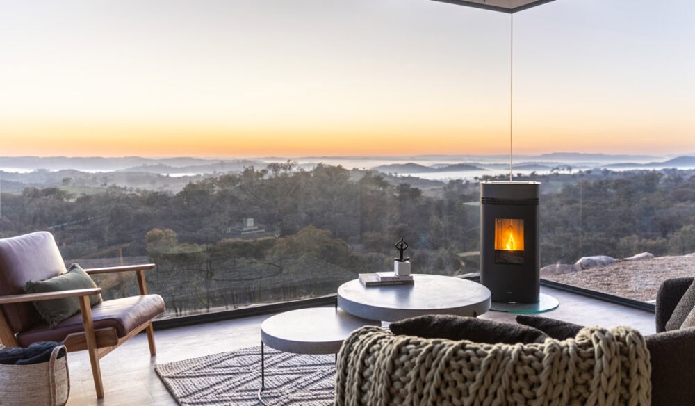 the accommodation interior with fireplace of Sierra Escape, Mudgee, NSW