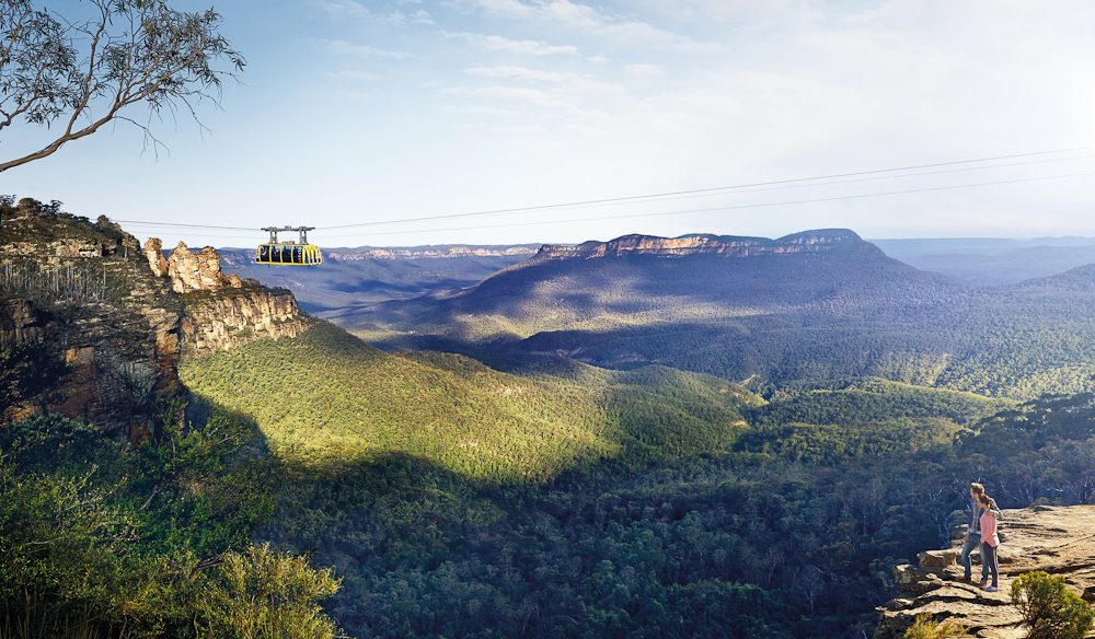 The Blue Mountains through the glass-floored Skyway.